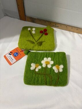 Handmade Green Felt Flower Coin Pouches - Set of 2